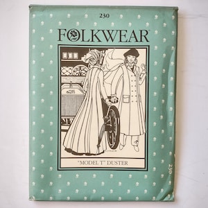 May include: A light green sewing pattern envelope labeled Folkwear 230 Model T Duster. The front features a black and white illustration of two figures wearing long coats next to a vintage car, with a repeating small white floral pattern background.