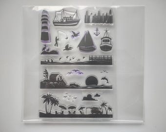 Sea And Shore Stamp Set, boats, beaches, lighthouse