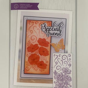 May include: An embossing folder with a floral design. The card features orange poppies, a butterfly, and the words "Special friend." The folder measures 2.75" x 5.75".
