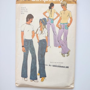 May include: Vintage Simplicity sewing pattern, size 8, featuring illustrations of bell-bottom jeans and shirts. The pattern includes measurements for waist 23 inches and hip 33.5 inches. The text "Shirts & hat not included" is visible.