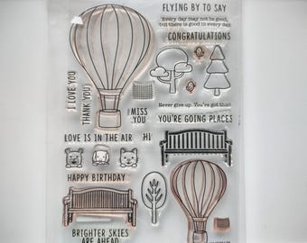 Going Places Stamp Set, hot air balloons, benches, trees