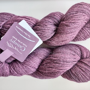 May include: Two skeins of dusty rose-colored yarn are displayed, with a tag reading "Canopy fruits of the forest" from The Fibre Company. The yarn is tightly wound, showcasing its texture and color variations. Ideal for knitting and crochet projects.