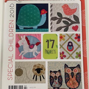 Pode incluir: Revista "QUILTmania" com o texto "SPECIAL CHILDREN 2016". A capa apresenta desenhos coloridos de colchas, incluindo uma tartaruga, um pássaro, um unicórnio, uma ovelha, corujas e uma boneca matrioska. A revista inclui 17 projetos.