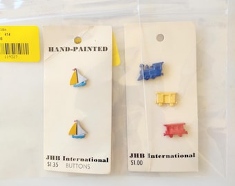 Train And Sailboat Buttons, JHB International, 5 total