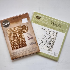 Puede incluir: Dos carpetas de repujado 3-D rectangulares en su embalaje original. La carpeta Sizzix de la izquierda presenta un patrón floral marrón. La carpeta Stampin' Up! Big Shot de la derecha es verde claro y muestra un patrón de pequeñas siluetas de aves.