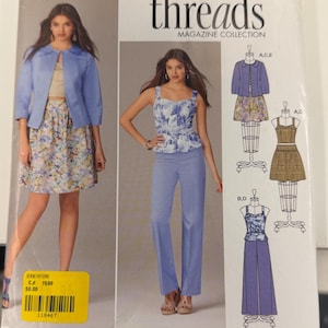 May include: Simplicity sewing pattern 1664 for a collection of garments including a jacket, a floral skirt, a patterned camisole, and trousers. The package displays size U.S. 12, 14, 16, 18, 20 and includes illustrations of various outfit combinations.