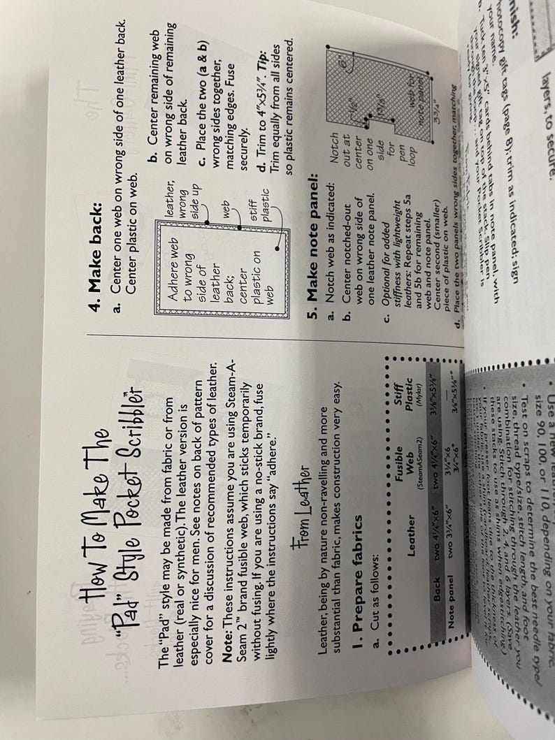 May include: A printed instructional guide titled How To Make The Pad Style Pocket Scribbler. The document features black text on a white background, including diagrams, step-by-step assembly instructions, and a table listing material sizes in inches.