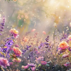 Wildflower Meadow Art - Dreamy Garden Landscape Print - Instant Download