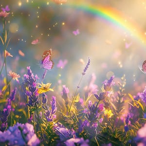 Magical Butterfly Meadow Art - Enchanted Rainbow Garden Print - Instant Download