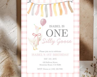 One Silly Goose First Birthday Invitation Template Editable Pink Gingham Goose Party Invite Girl 1st Birthday Party