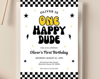 One Happy Dude Birthday Invitation: Editable Retro Boy First Bday Invite Template