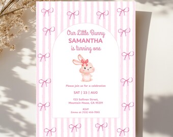Verjaardagsuitnodiging Some Bunny is One: Coquette Pink Bow Canva-uitnodigingssjabloon (digitale download)