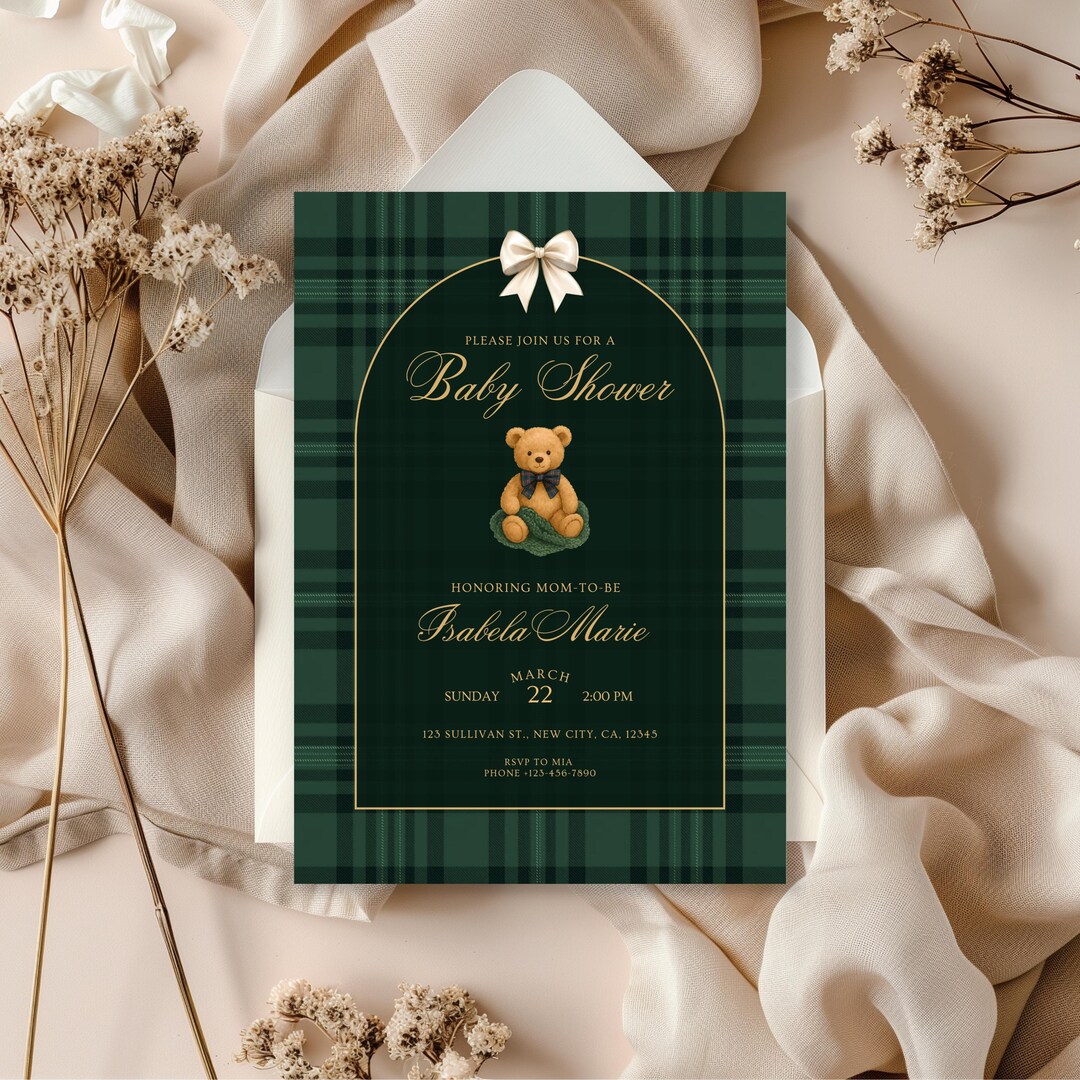 Luxury Polo Teddy Bear Baby Shower Invitation Template Vintage Plaid ...