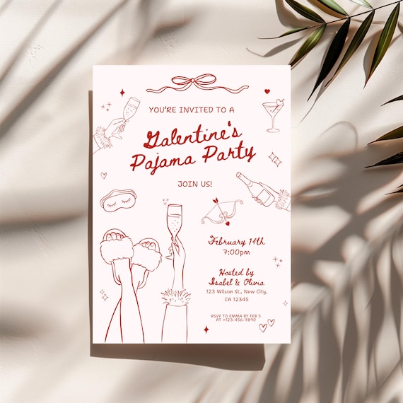 Hand Drawn Galentine’s Day Pajama Party Invite Template Galentines Slumber Party Invitation Pink Valentines Day Girls Night in PJs Invite