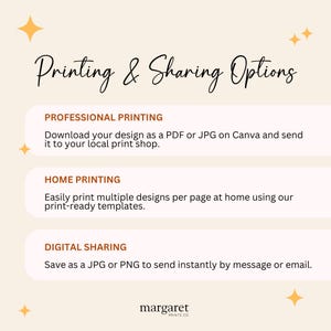 May include: A cream-coloured graphic with the text "Printing & Sharing Options" in a cursive font. The graphic lists professional printing, home printing, and digital sharing options. The Margaret Prints Co. logo is at the bottom.