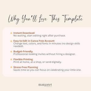 May include: A cream-coloured template design with the text "Why You'll Love This Template" in elegant script. Features bullet points highlighting instant download, easy editing in Canva, budget-friendly options, flexible printing, and stress-free planning. The brand name "margaret PRINTS CO" is at the bottom.
