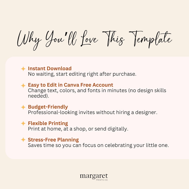 May include: A cream-coloured template design with the text "Why You'll Love This Template" in elegant script. Features bullet points highlighting instant download, easy editing in Canva, budget-friendly options, flexible printing, and stress-free planning. The brand name "margaret PRINTS CO" is at the bottom.