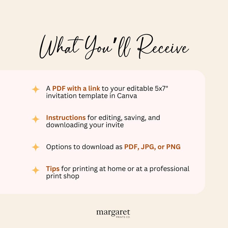 May include: A cream-coloured graphic with the text "What You'll Receive" in elegant script. The image lists a PDF invitation template, instructions, download options (PDF, JPG, PNG), and printing tips. The brand name "margaret PRINTS CO" is at the bottom.
