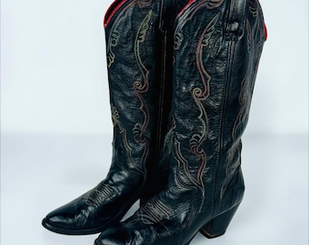 Vintage Acme Cowboy Boots Women 6 M Black Leather Rainbow Stitch Western USA
