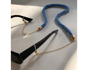 Gold Eyeglass 14kt Chain & Handmade Knitted Strap with 18kt Crimp Beads