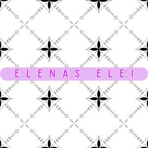 Könnte beinhalten: Ein sich wiederholendes Muster aus schwarzen Blumenformen und gepunkteten Linien auf weißem Hintergrund. Der Text "ELENAS ELEI" wird in einem hellvioletten, abgerundeten Rechteck über dem Bild angezeigt. Das Design ist symmetrisch und geometrisch.