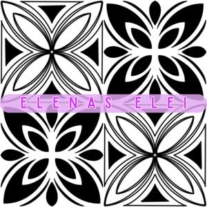 May include: Black and white floral pattern design. The design is repeated in a four-square grid. The text "ELENAS ELEI" is displayed in a lavender banner across the image. The floral design features curved petals and geometric shapes.