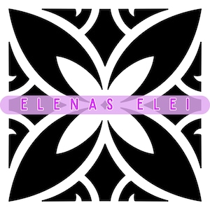 May include: Black and white floral design with the text "ELENAS ELEI" in a light purple banner. The design features a symmetrical pattern of stylized leaves or petals, creating a bold and graphic aesthetic. The overall theme is decorative.