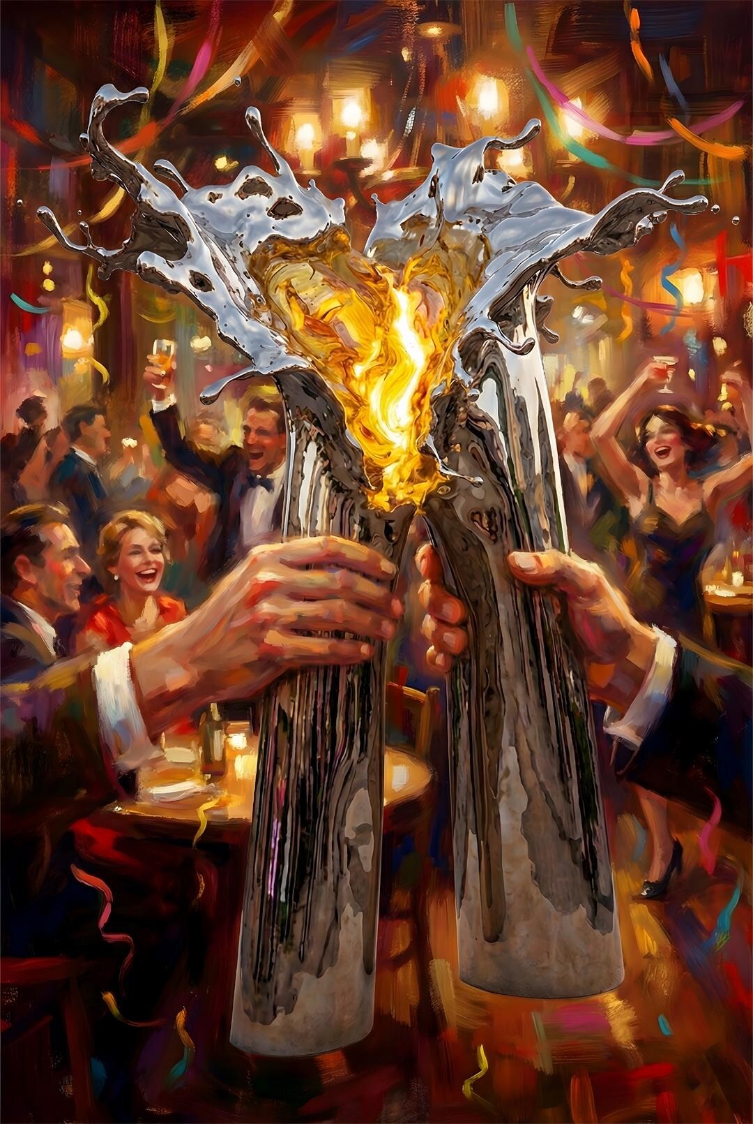 Champagne Toast Wall Art, Abstract Oil Painting, Gold Silver Party ...
