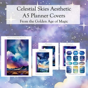 May include: A collection of A5 planner covers with celestial sky designs. The covers feature watercolor illustrations of starry skies, clouds, and landscapes. The text on the image reads "Celestial Skies Aesthetic A5 Planner Covers From the Golden Age of Magic."