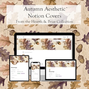 Könnte beinhalten: Ein Bild von digitalen Notion-Covern mit Herbstthema. Die Cover zeigen ein Muster aus Eichenblättern und Eicheln in Braun-, Lila- und Beigetönen. Der Text "Autumn Aesthetic Notion Covers" wird über den Geräten angezeigt. Das Bild enthält ein Tablet, ein Telefon und einen Laptop.