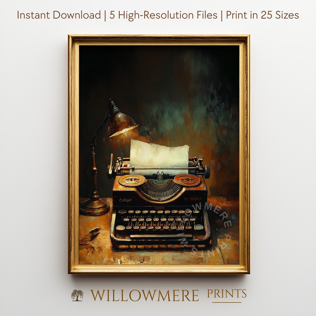 Moody Antique Typewriter Oil Painting - Dark Academia Library Decor ...
