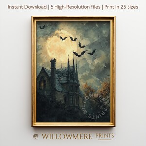 Impresión de Halloween de una mansión gótica: Murciélagos sobre una casa embrujada (descarga digital) 223