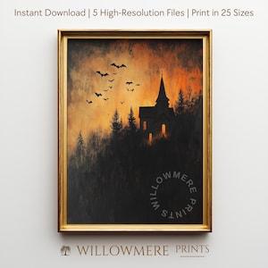 Lámina de murciélagos de Halloween y castillo gótico: Paisaje otoñal espeluznante (descarga digital) 45