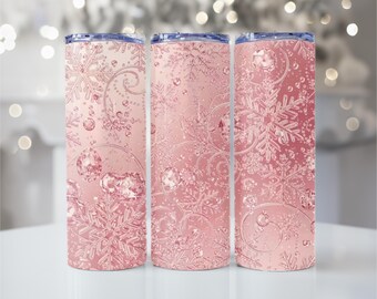 Pink Snowflake Tumbler Wrap, Diamond Snowflakes 20oz Skinny, Winter Holiday Sublimation, Frozen Tumbler Design, Digital Download