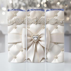 Luxury Diamond Bow Tumbler Wrap 20oz Skinny, White Rhinestone Heart Diamond Quilted Sublimation PNG, Instant Digital Download