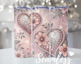 Floral Heart Tumbler Wrap, Glitter Heart 20oz Skinny Tumbler PNG, Flower Sublimation Design, Valentine's Day Gift, Digital Download