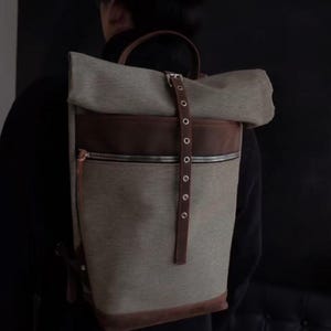 Canvas Rolltop Backpack – Handmade Waxed Canvas Rucksack with Leather Straps
