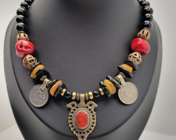 Global Style Pendant and Coin Necklace with Brass, Amber, Red Coral and Onyx