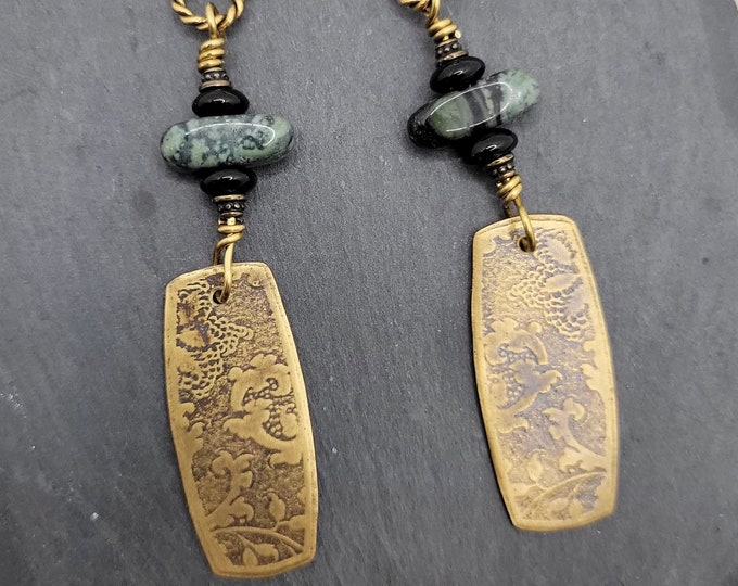 Handmade Brass Earrings with Onyx and Kambaba stones.
