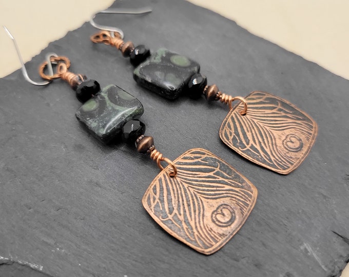 Handmade Copper Peacock Feather Earrings with Onyx and Kambaba stones.
