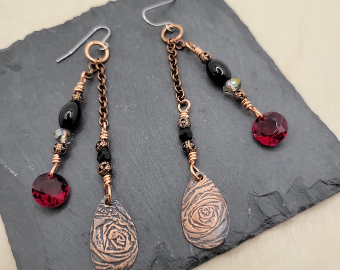 Handmade Copper Rose, Onyx and Crystal Earrings