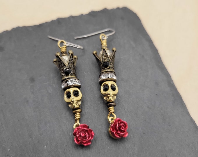 Skull and Rose Brass Earrings with Tall Crown