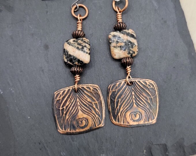 Handmade Copper Peacock Feather Earrings with Mexican Red Snowflake Stones