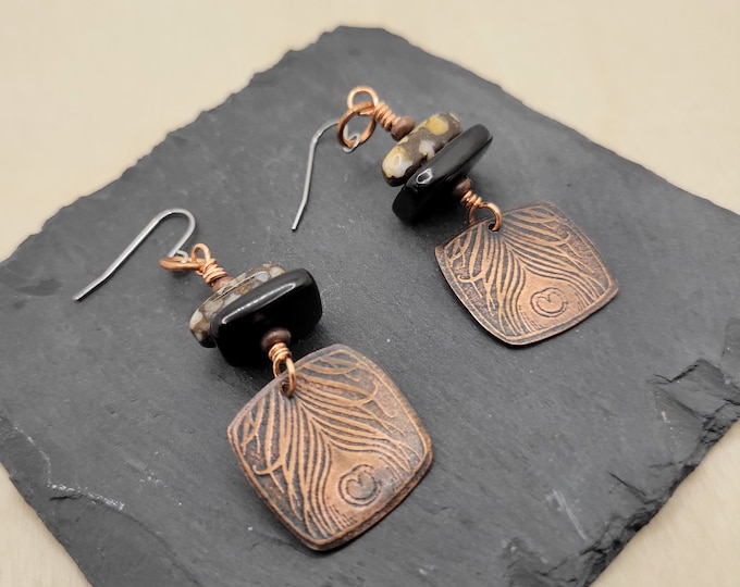 Handmade Copper Peacock Feather Earrings with Onyx and Fire Opal stones.