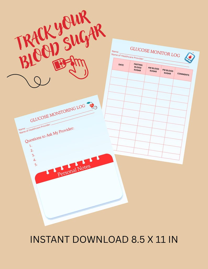 Glucose Monitoring Log Printable | Blood Sugar Tracker for Patients (2 ...