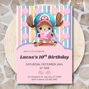 May include: A birthday invitation featuring a cartoon character holding cotton candy, set against a striped background with cotton candy graphics. The invitation is for Lucas's 10th birthday, with date, time, and RSVP information.