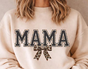MAMA Leopard PNG, Trendy Mom Shirt Design, Rounded Varsity Letter with Bow, Cute Mother Graphic, Sublimation PNG, Digital Download
