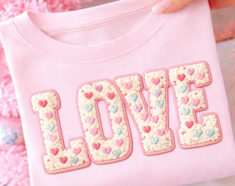LOVE Chenille Embroidery PNG, Plush Typography Valentine Shirt, Design Pastel Hearts, Cute Sublimation, Digital Download