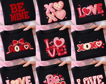 Valentine Knit Typography PNG Bundle, Love XOXO Be Mine Text, Cute Embroidered Style Valentine Shirt Sublimation PNG, Digital Shirt