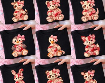Valentine Animal PNG Bundle, Cute Patchwork Plush Animals with Hearts, Love Hugs Kisses, Valentine Sublimation Shirt PNG, Digital Valentine